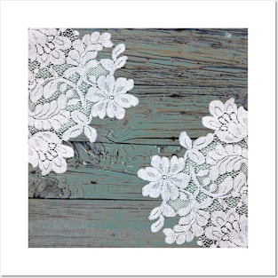 rustic grey blue farmhouse country floral lace wood Posters and Art